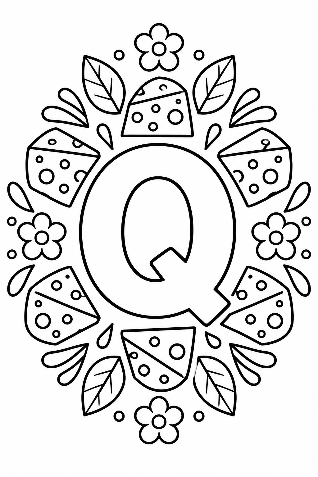 Mandala de la letra Q para colorear: lámina infantil para imprimir