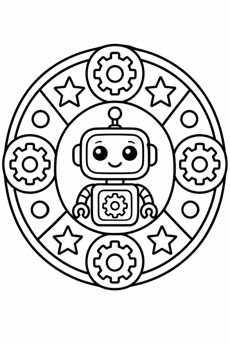 Robot para colorear para niños: mandala imprimible con formas geométricas