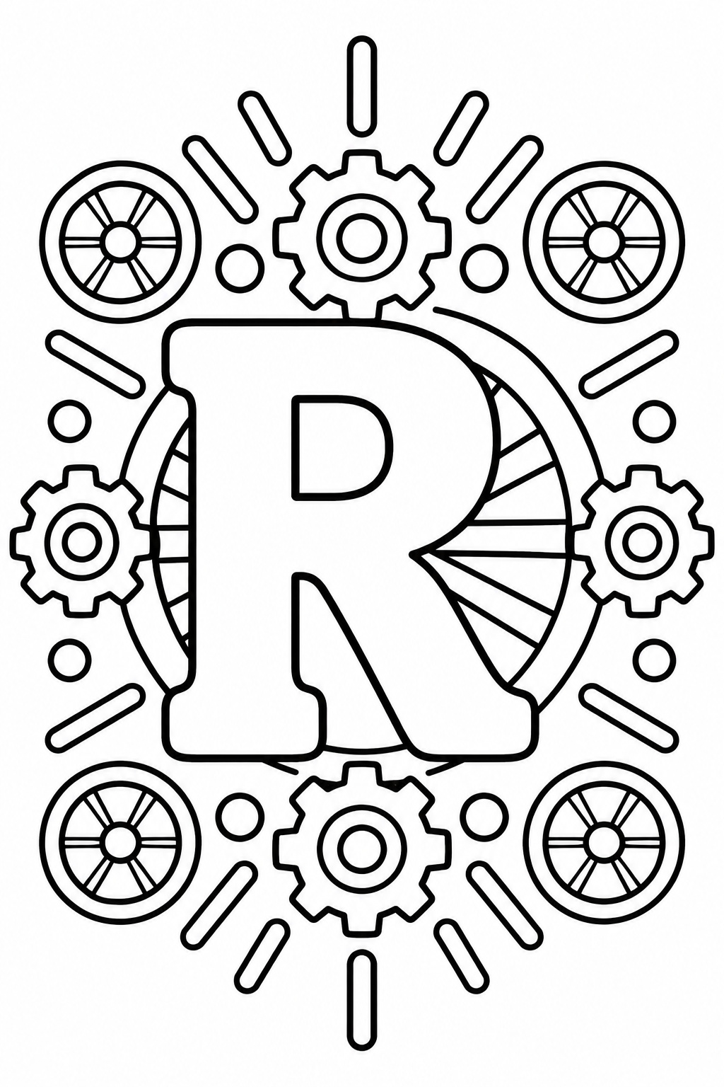 Mandala de la letra R para colorear: diseño infantil de ruedas