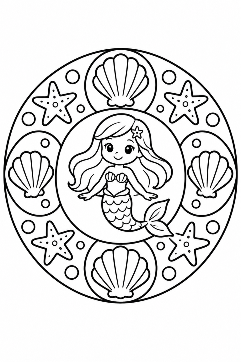 Sirena para colorear para niños: mandala imprimible con detalles marinos