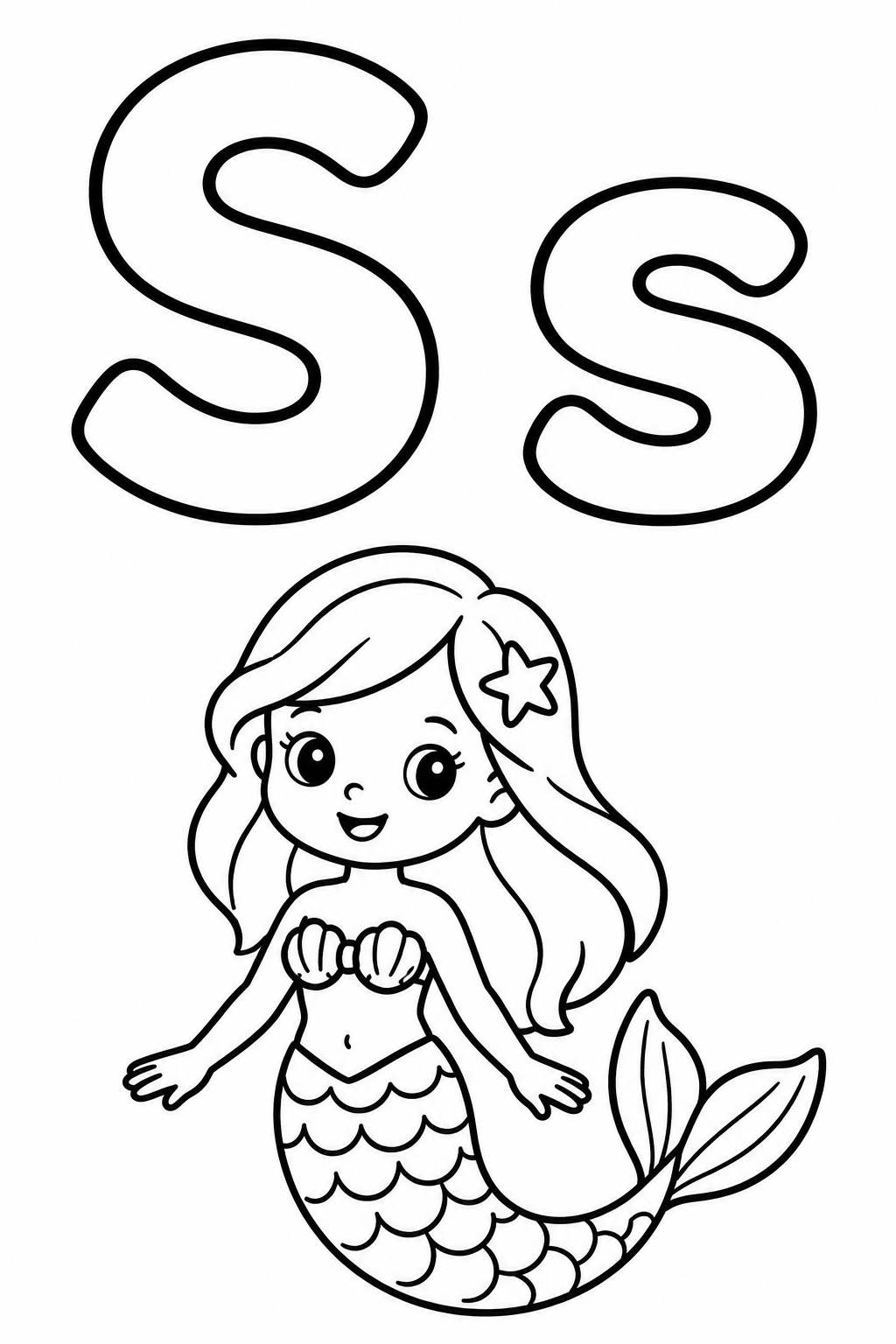 Letra S para colorear: mayúscula, minúscula y una sirena