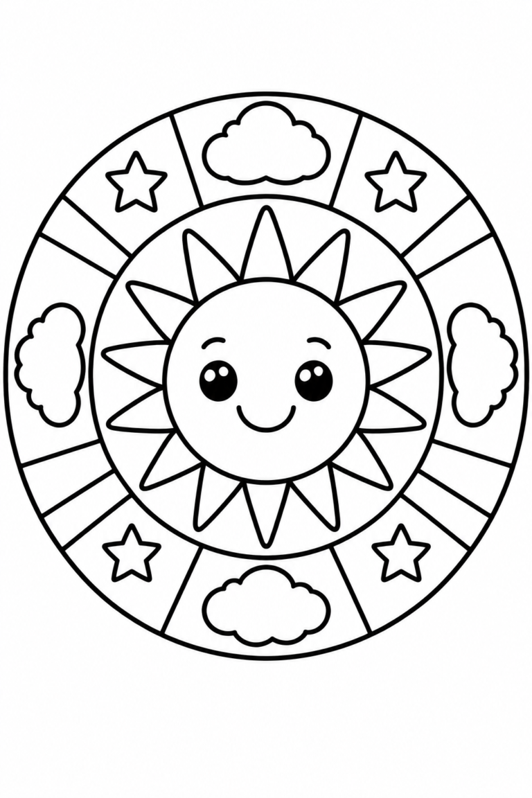 Sol para colorear para niños: mandala imprimible con detalles decorativos
