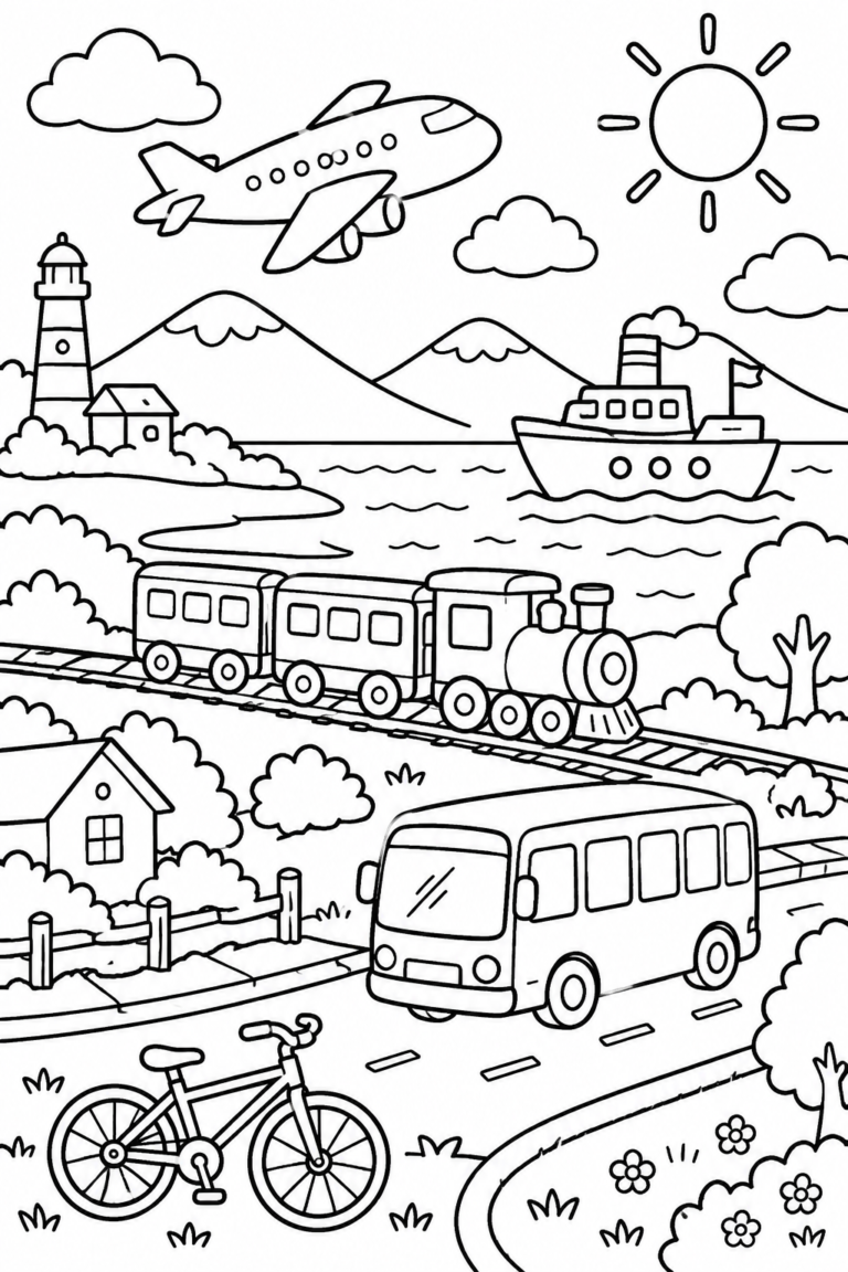 Pinta y busca medios de transporte: lámina para imprimir