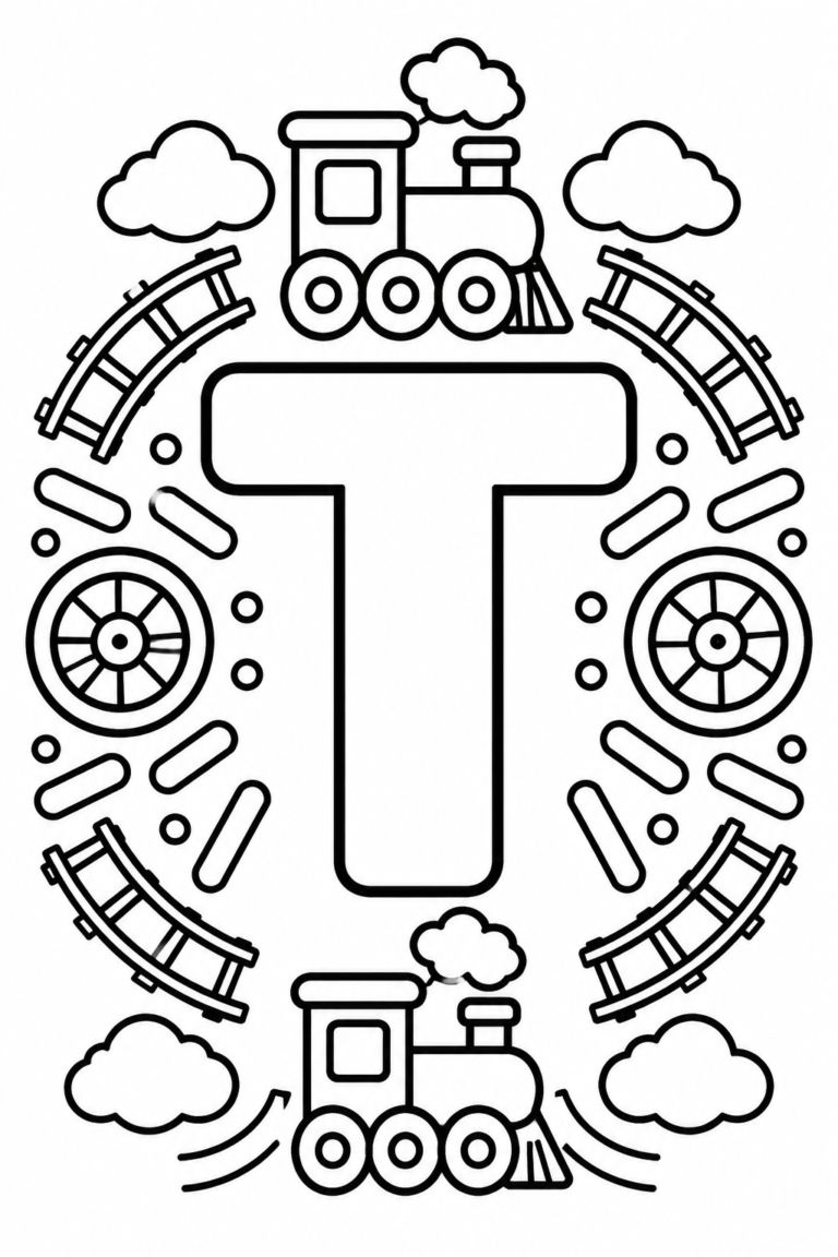 Mandala de la letra T para colorear: dibujo imprimible para niños