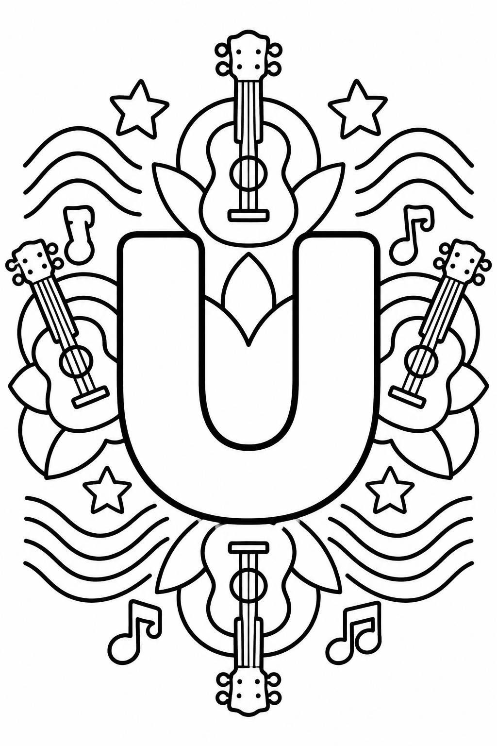 Mandala de la letra U para colorear: lámina infantil con ukelele