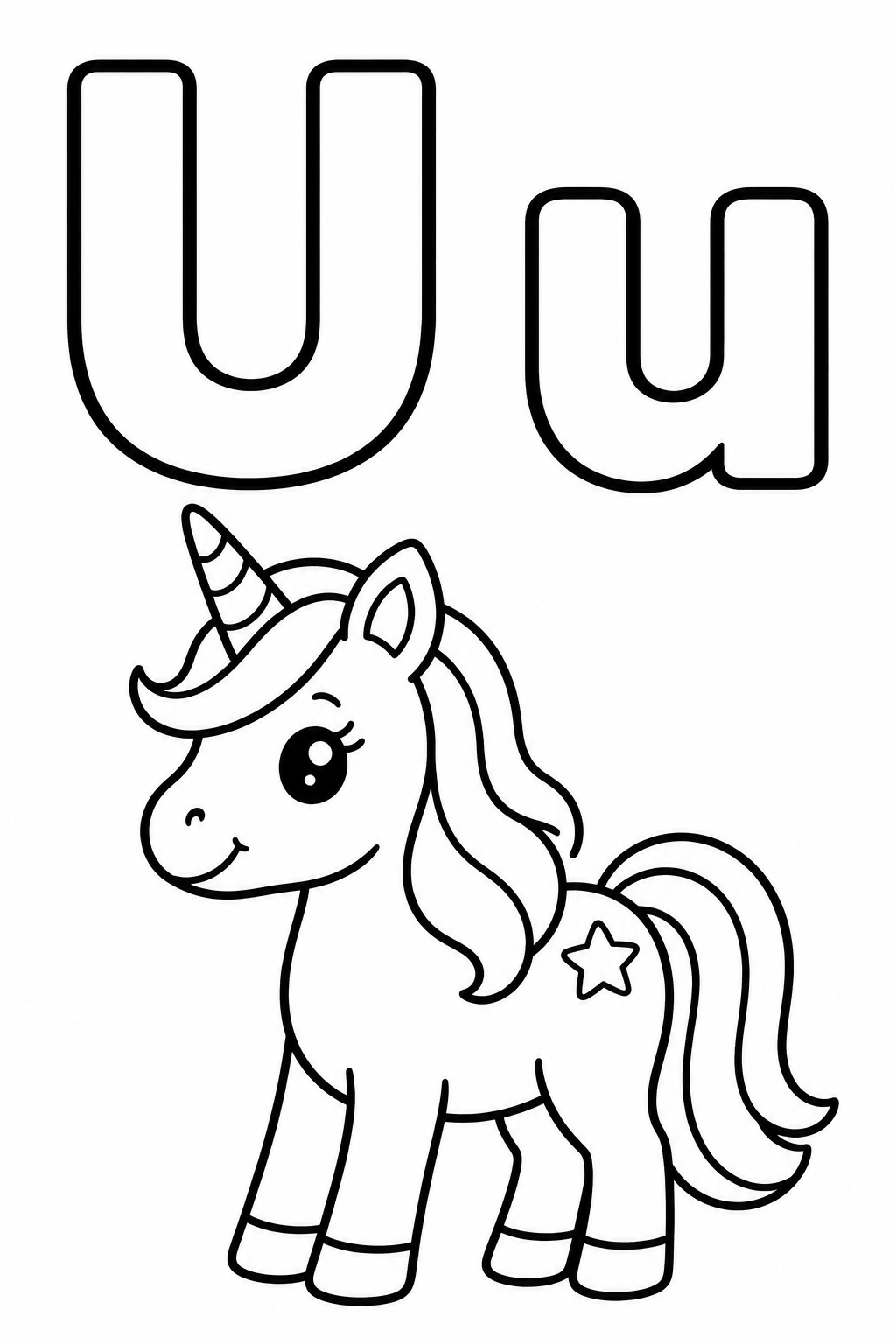 Letra U para colorear: unicornio en mayúscula y minúscula