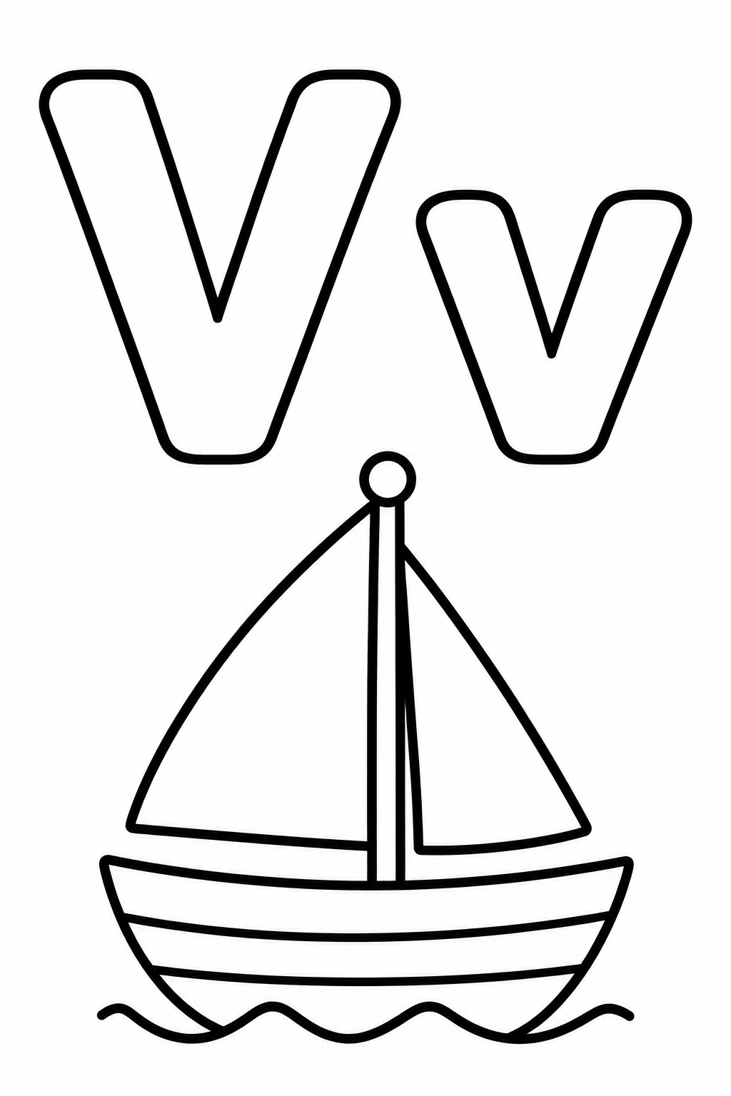 Letra V para colorear: mayúscula, minúscula y un velero