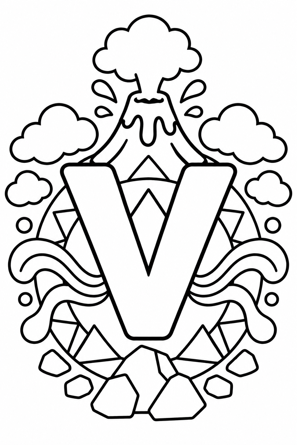 Mandala de la letra V para colorear: volcán y formas para niños