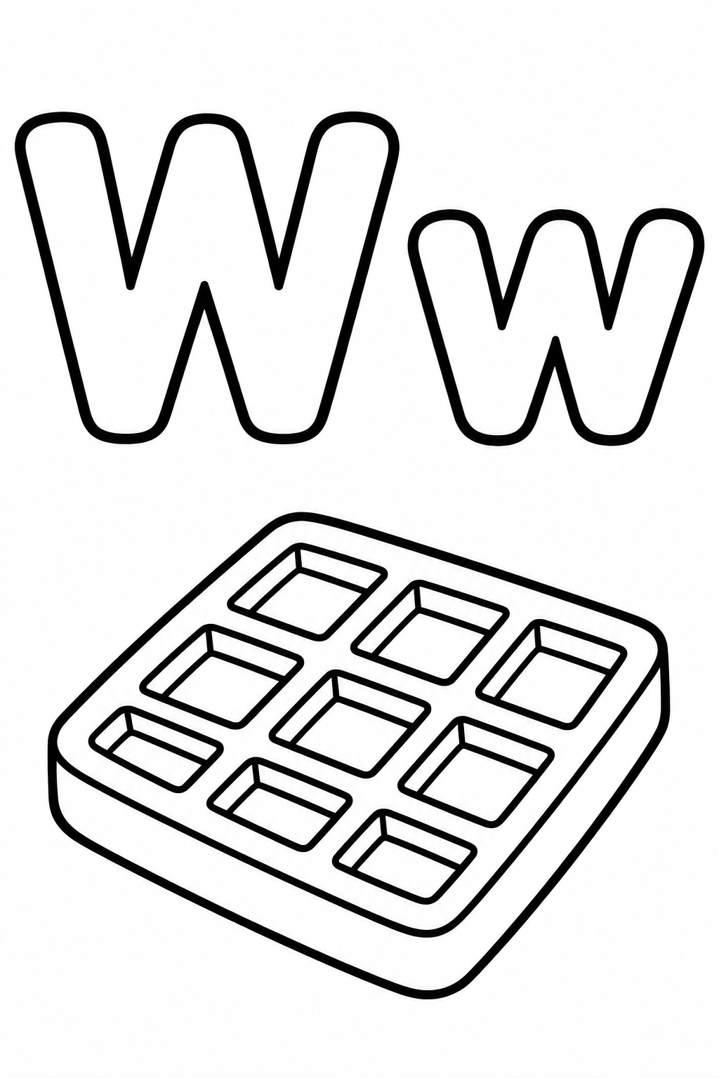 Letra W para colorear: mayúscula, minúscula y un wafle