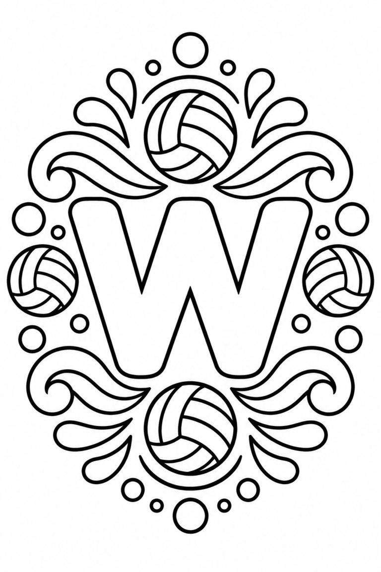 Mandala de la letra W para colorear: diseño infantil inspirado en waterpolo