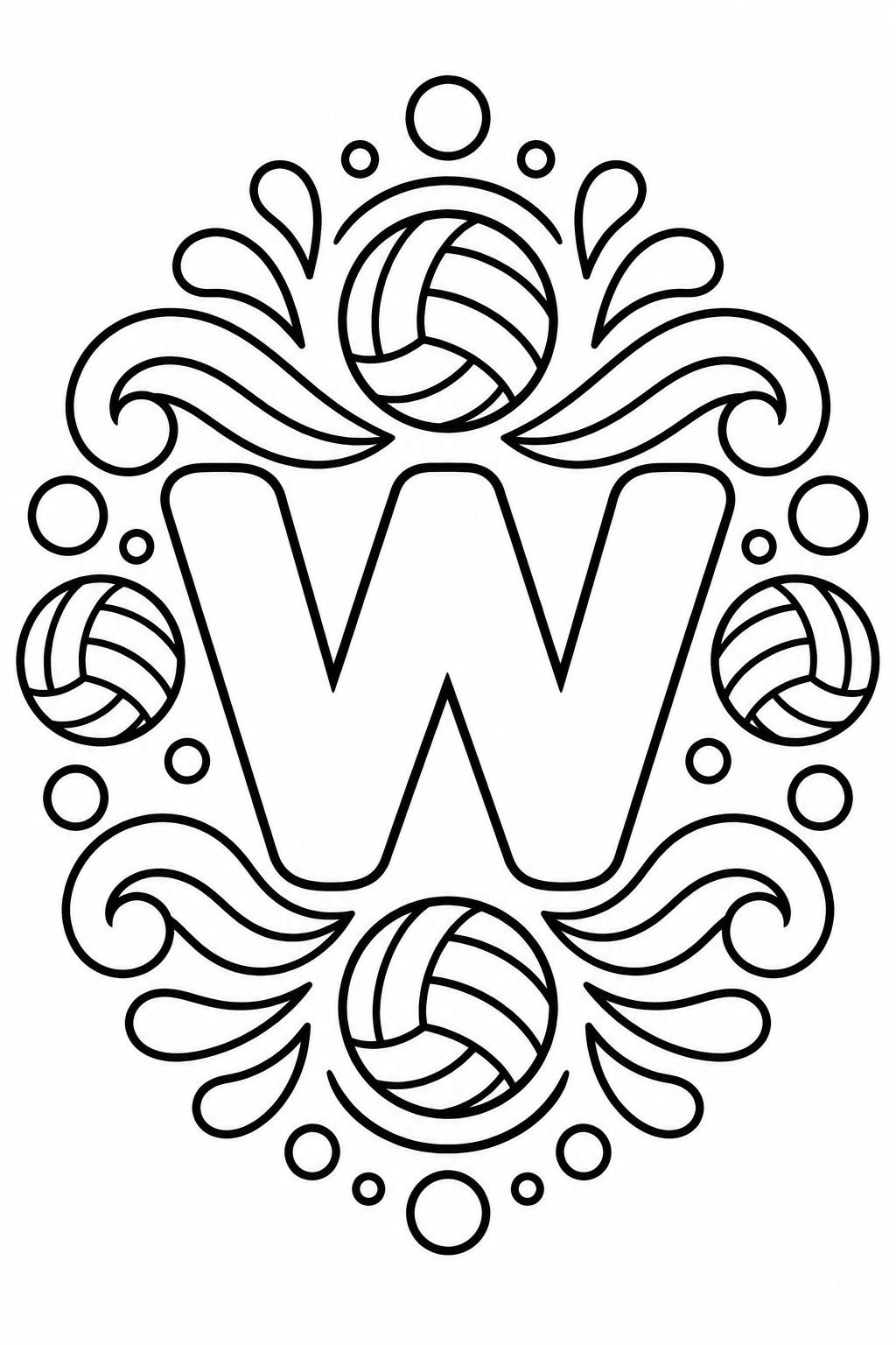 Mandala de la letra W para colorear: diseño infantil inspirado en waterpolo