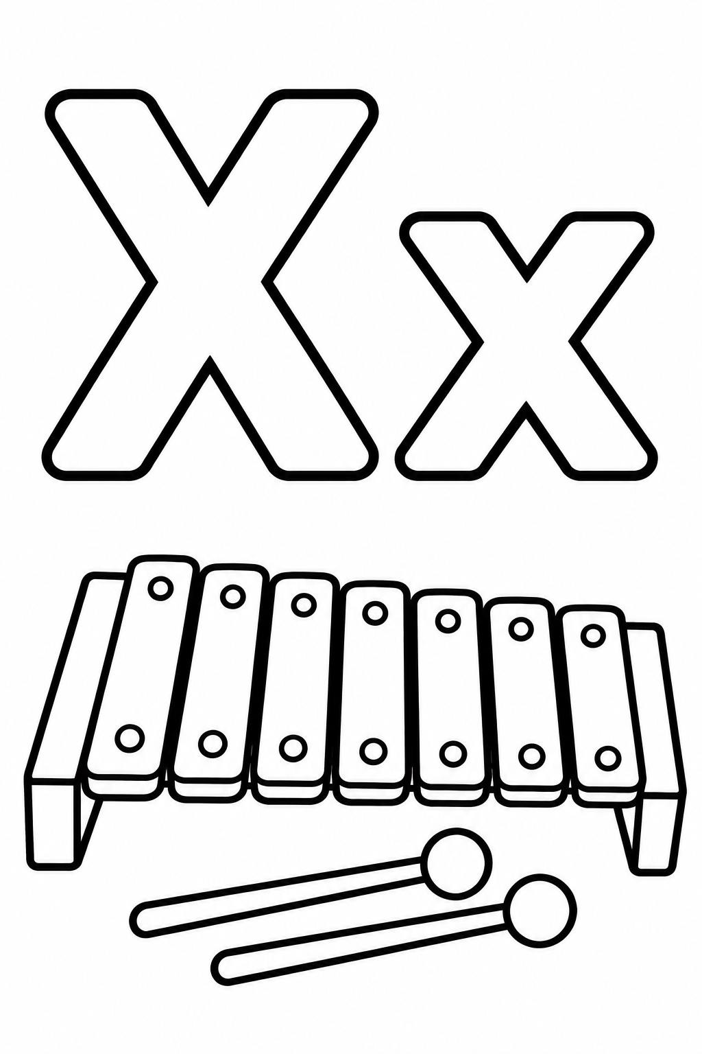 Letra X para colorear: mayúscula, minúscula y xilófono