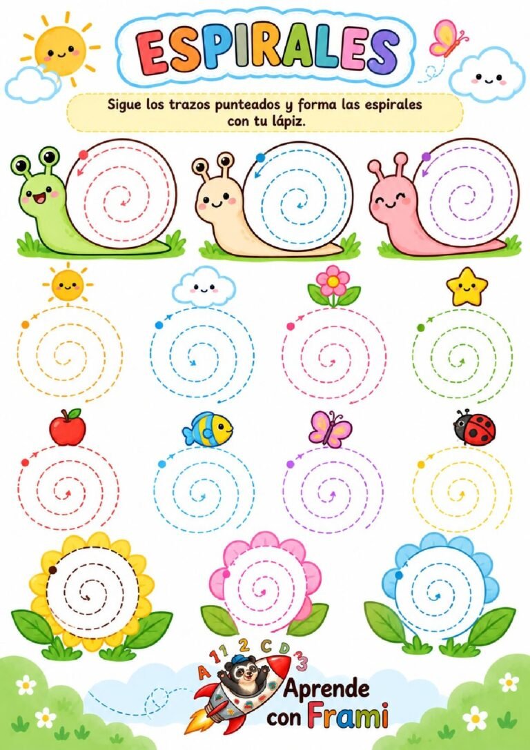 Espirales para niños para imprimir: recorrido de un caracol y control del lápiz