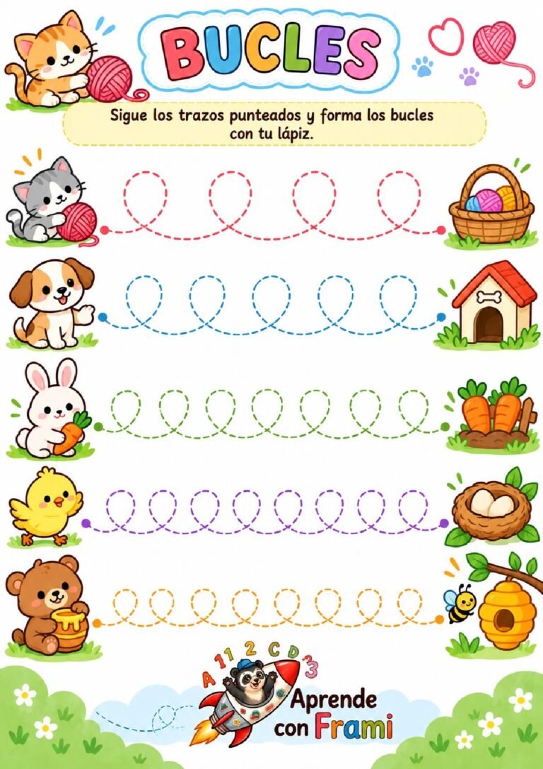 Bucles para niños para imprimir: práctica de grafomotricidad con caminos de lana