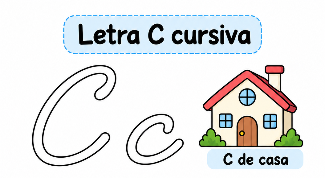 Letra C cursiva para imprimir gratis: práctica de trazos con casa