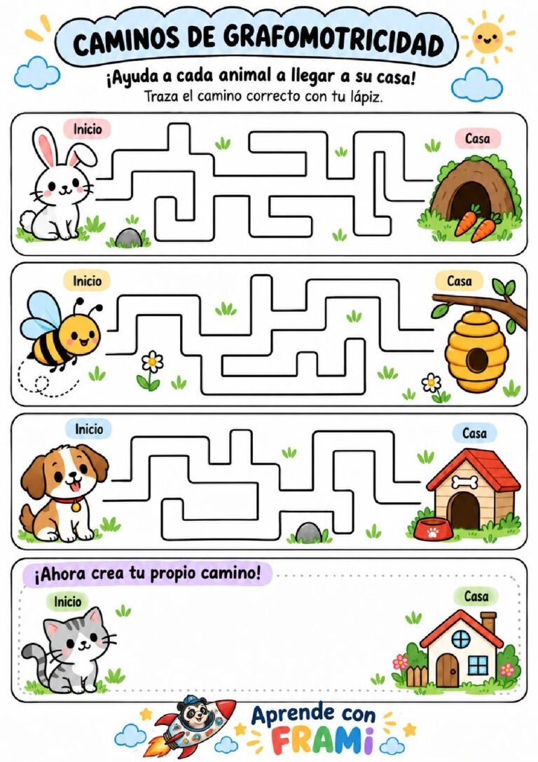 Caminos de grafomotricidad para niños para imprimir: laberintos y control del lápiz