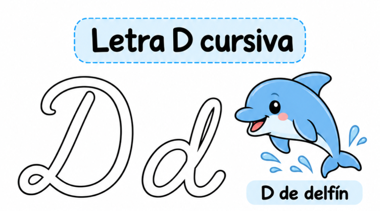Letra D cursiva para imprimir gratis: practica con delfín