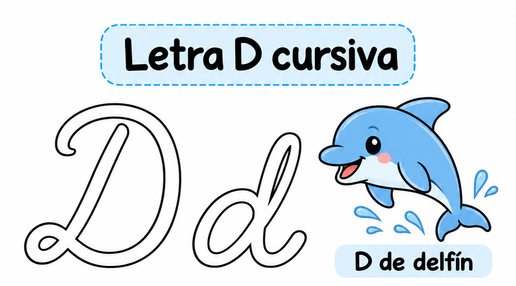 Letra D cursiva para imprimir gratis: practica con delfín