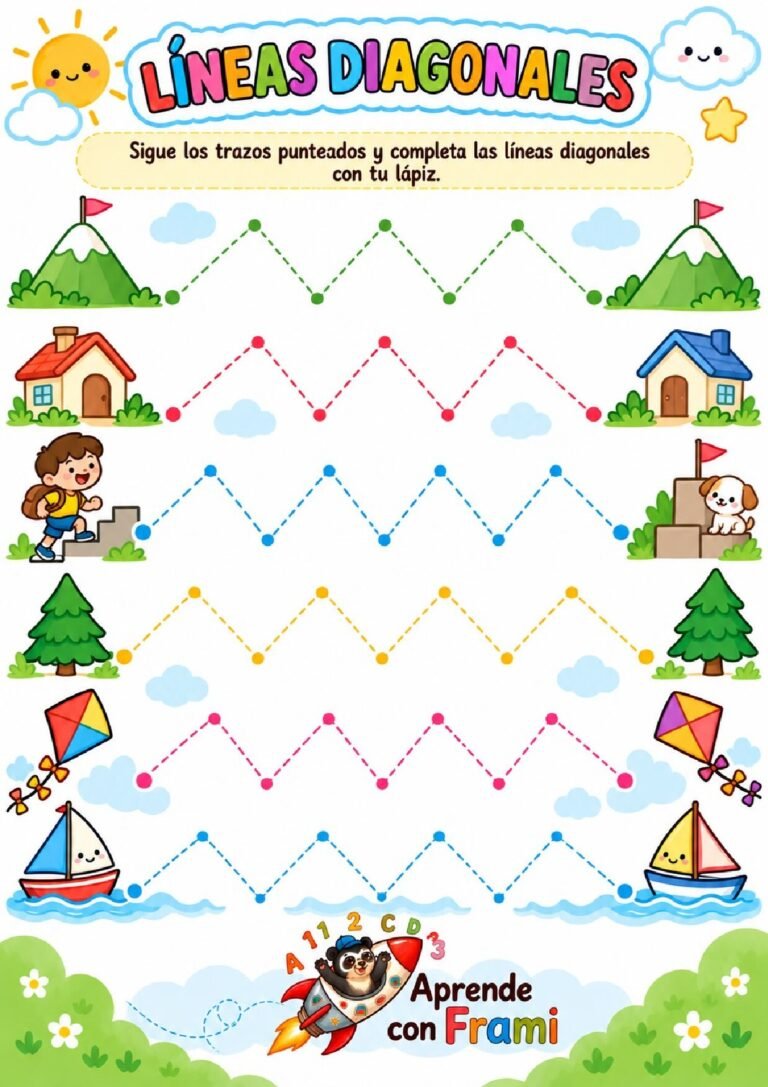 Líneas diagonales para niños para imprimir: grafomotricidad con montañas