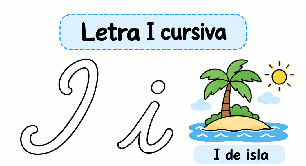 Letra I cursiva para imprimir gratis: practica su forma con la palabra isla