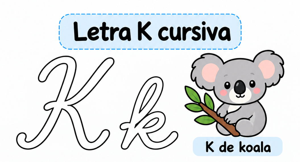 Letra K cursiva para imprimir gratis: práctica de escritura con koala