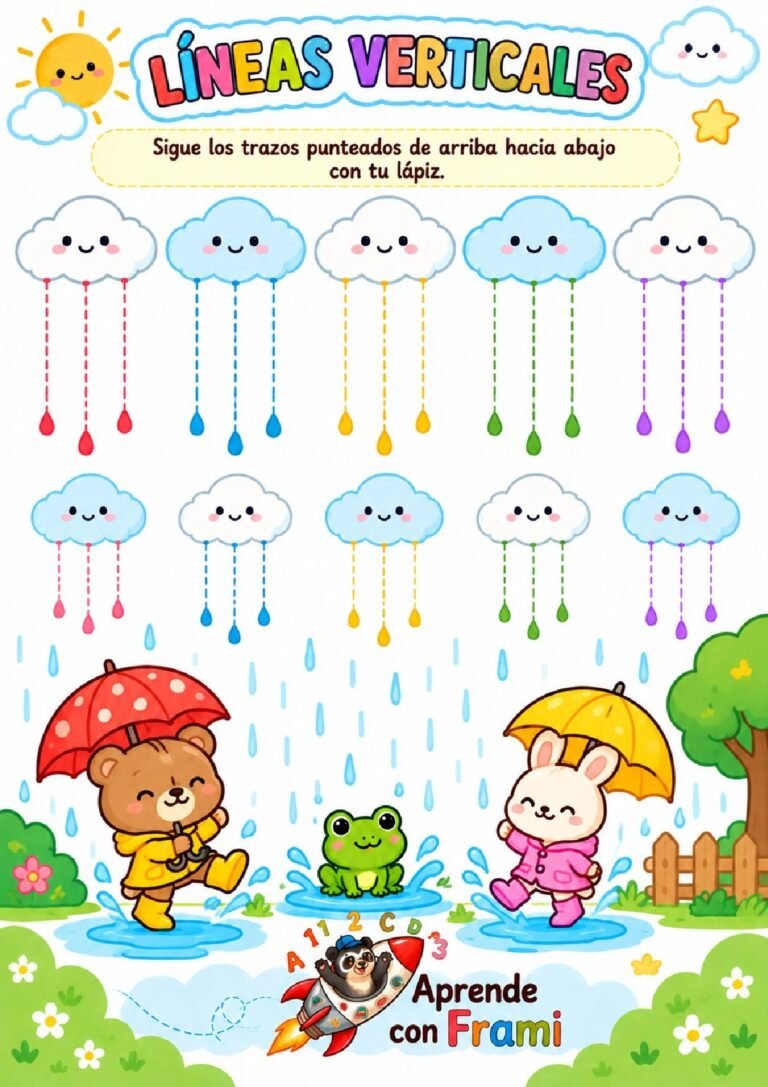 Líneas verticales para niños para imprimir: lluvia y práctica de grafomotricidad