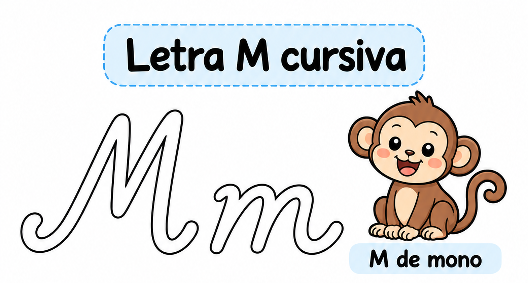 Letra M cursiva para imprimir gratis: práctica con manzana