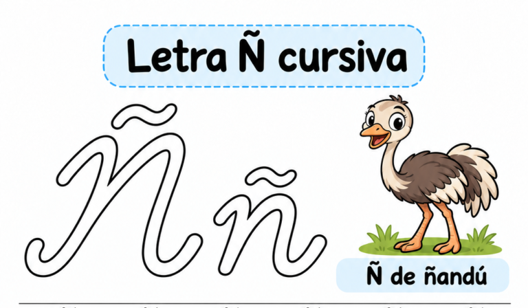 Letra Ñ cursiva para imprimir gratis: práctica de escritura con ñandú