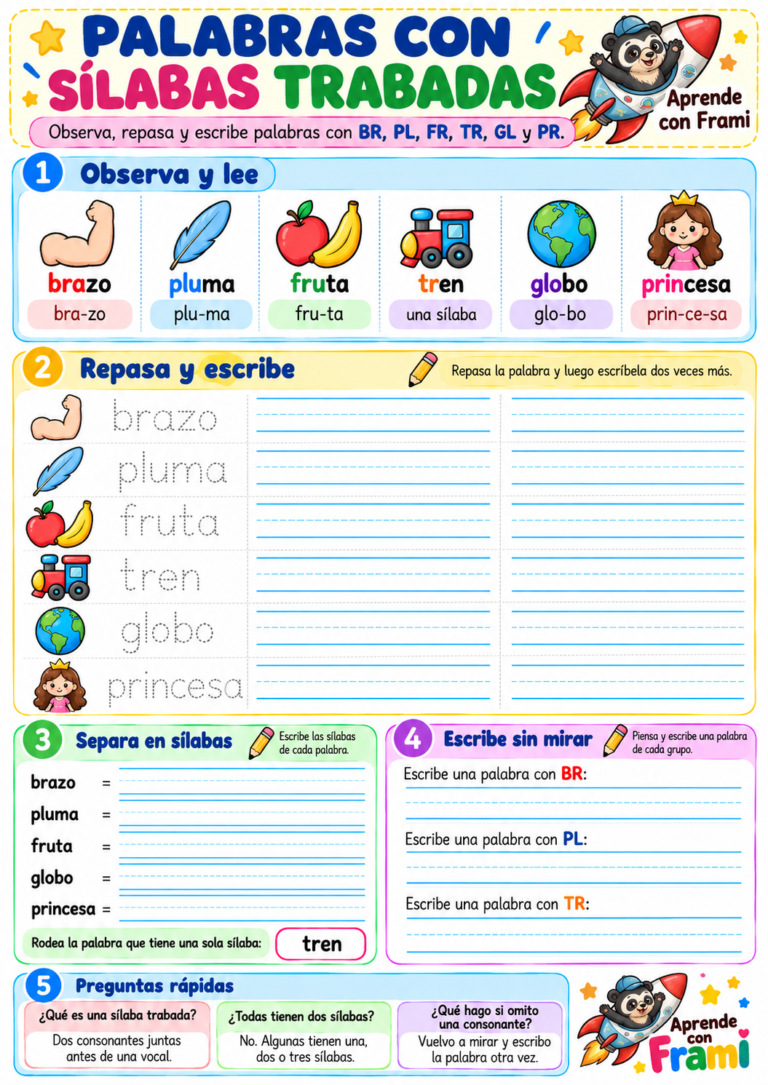 Palabras con sílabas trabadas para imprimir: ejercicios de lectura y escritura