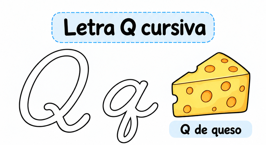 Letra Q cursiva para imprimir gratis: práctica con la palabra queso