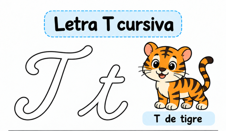 Letra T cursiva para imprimir gratis: práctica de escritura con tigre