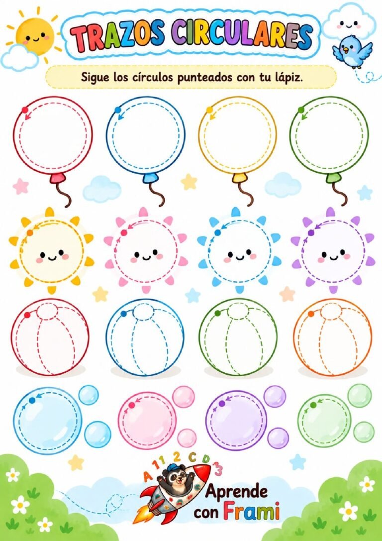 Trazos circulares para niños para imprimir: grafomotricidad con globos