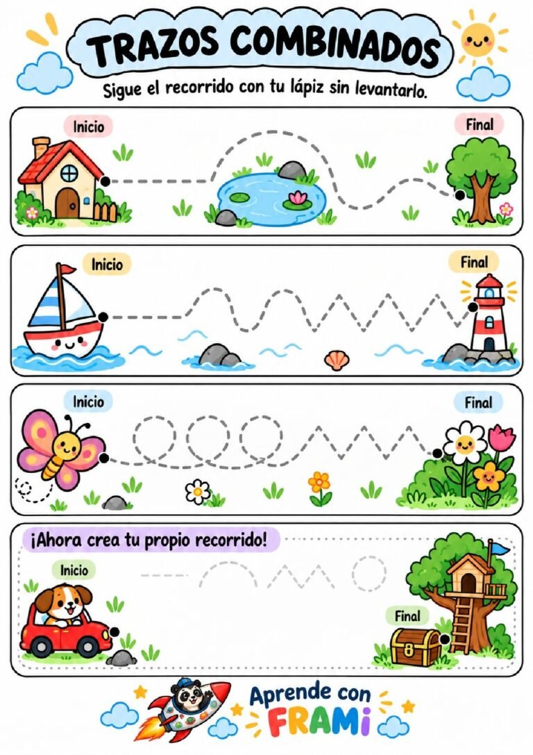 Ejercicios de trazos combinados para imprimir: recorrido de grafomotricidad