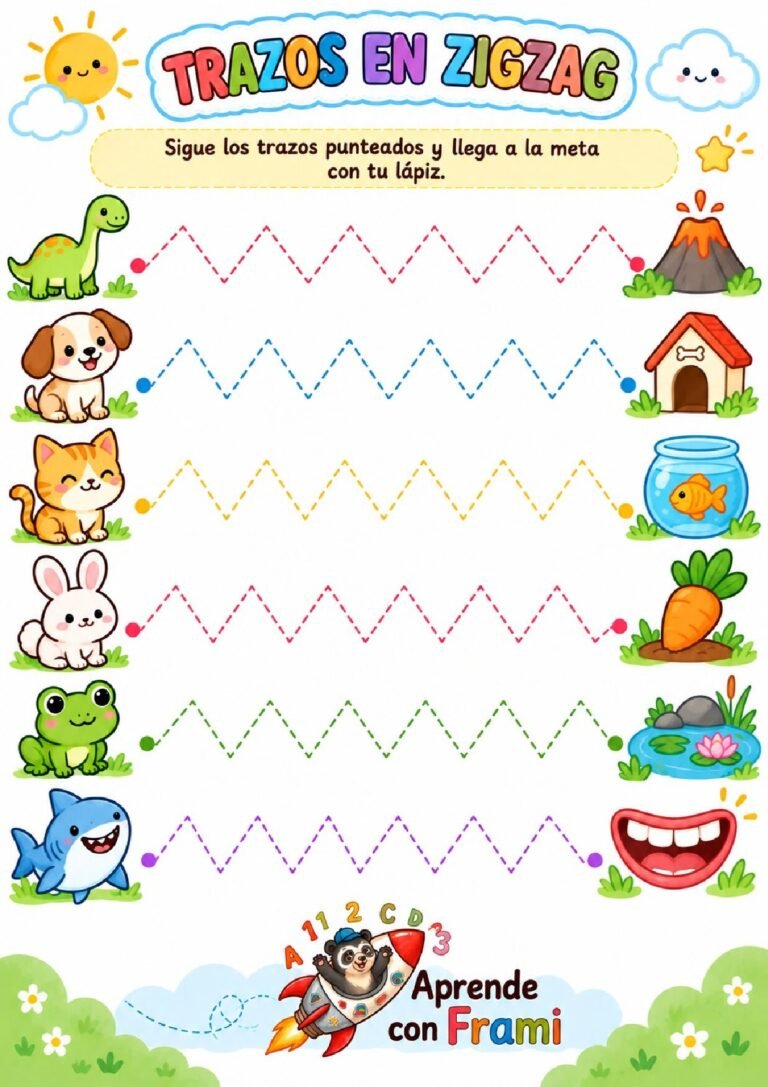 Trazos en zigzag para niños para imprimir: práctica de grafomotricidad con dientes