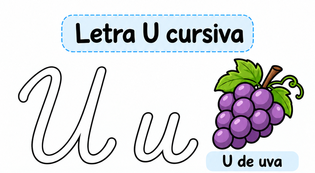 Letra U cursiva para imprimir gratis: practica su trazo con un unicornio